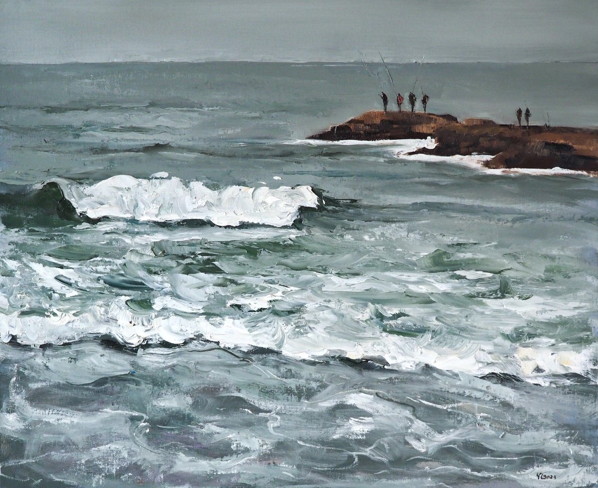 Impressionistic Landscape Oil Painting By Yuanyuan Liu, 26 X 21", Fishing, Original Artwork