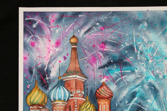 Festive fireworks in Moscow. New year's night. Original watercolor artwork.