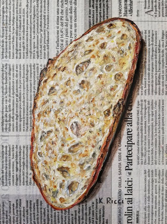 "Bread Slice on Newspaper " Original Oil on Canvas Board Painting 7 by 10 inches (18x24 cm)
