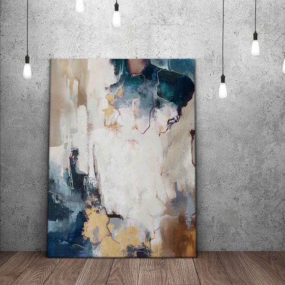 "Breeze" Abstract teal gold gray acrylic art