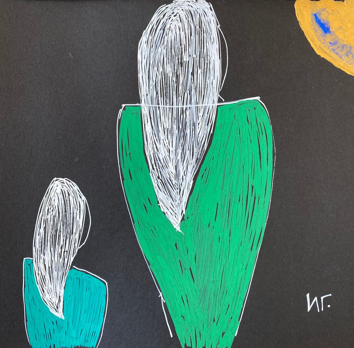 Naive Portrait Drawing By Irina Goleva, 7 X 7, Two Of Us, Original Artwork