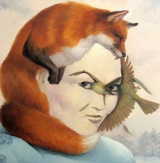 The fox 60x80cm, oil painting, surrealistic artwork