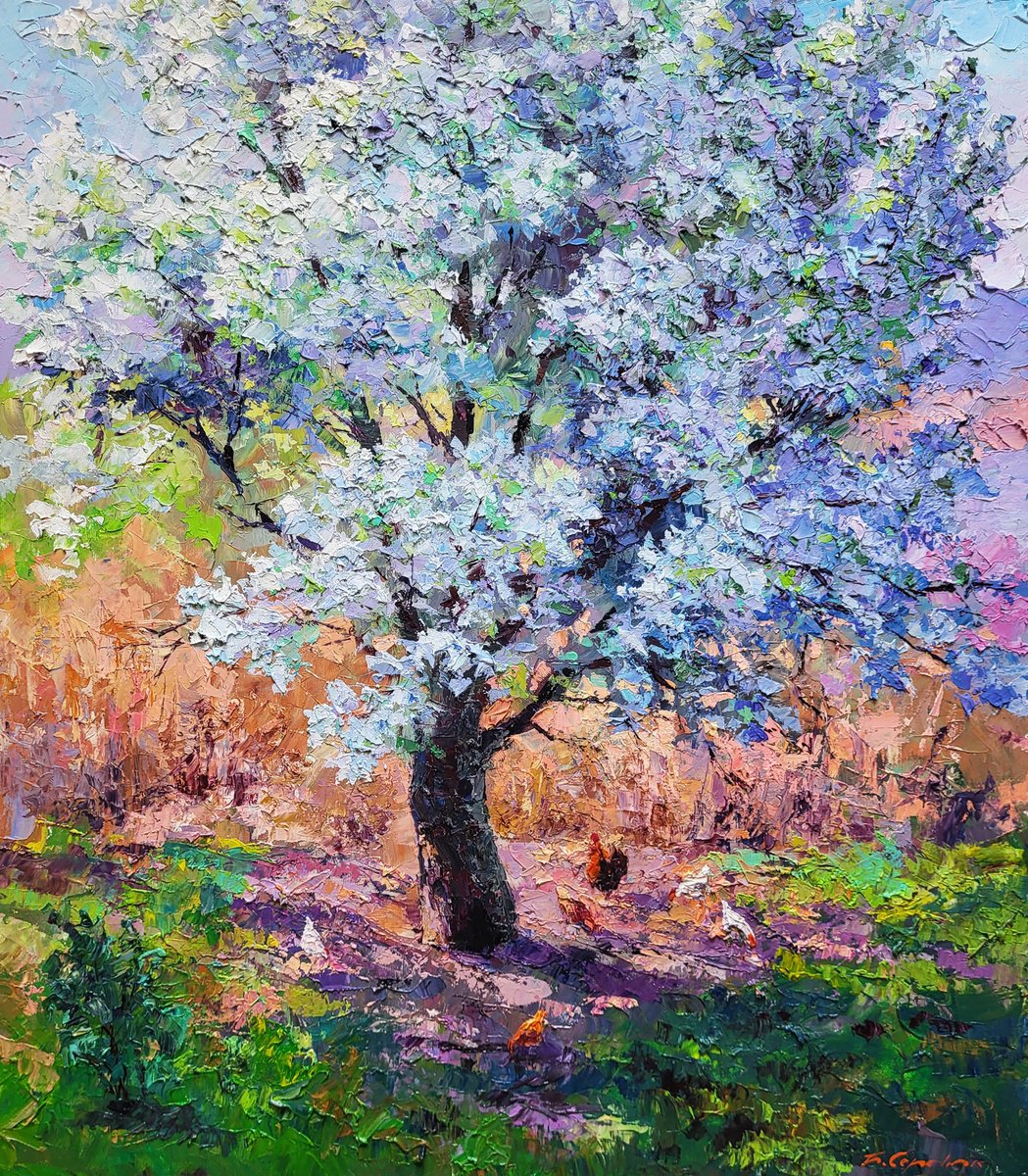 Impressionistic Landscape Oil Painting By Boris Serdyuk, 28 X 31, Pear Blossoms, Original Artwork