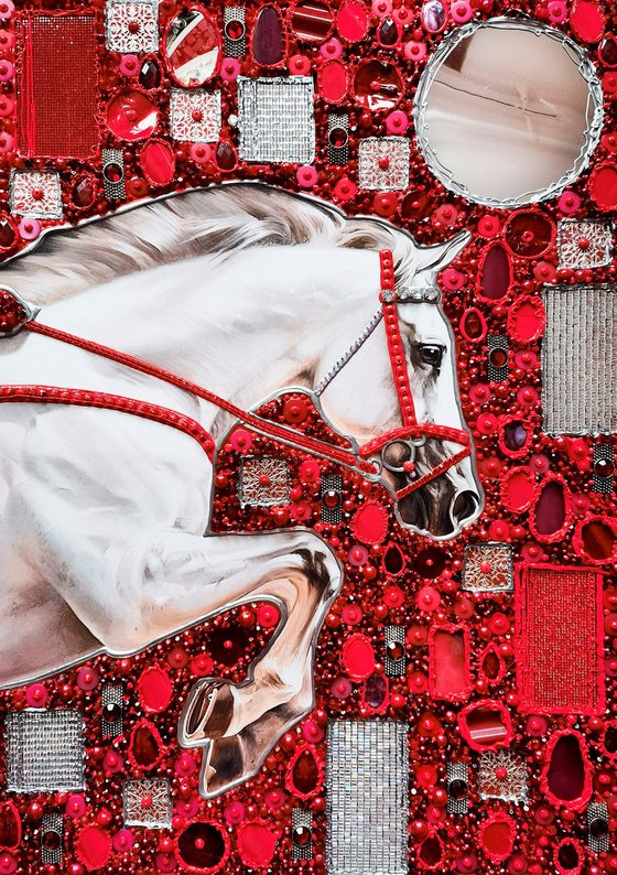 Decisive leap. A white racehorse