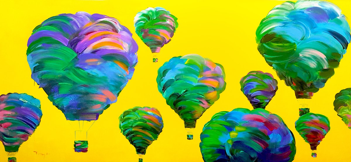 Expressive Landscape Acrylic Painting By Trayko Popov, 83 X 39", Balloons | Green | Into The Sky, Original Artwork