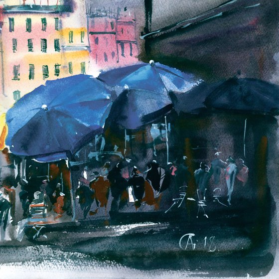 Umbrellas in Vernazza, Italy. Original watercolor. Italy travel yellow blue medium small size landscape view sea seaside cost