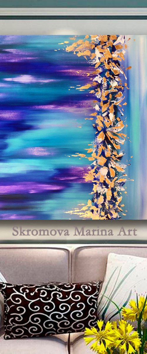 GOLDEN FLOWERS IN THE NORTHERN LIGHTS - Beautiful abstraction. Cold tones. Purple. Very Peri. Gilding. Northern Lights. Overflows. Flowers. by Marina Skromova