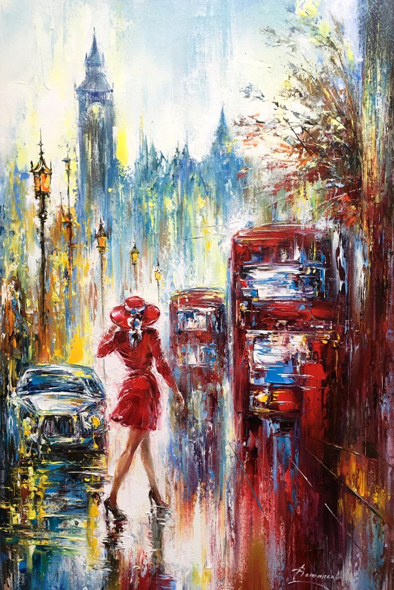 Impressionistic Cityscapes Oil Painting By Olena Romanenko, 16 X 24", Lady In A Red Hat, Original Artwork