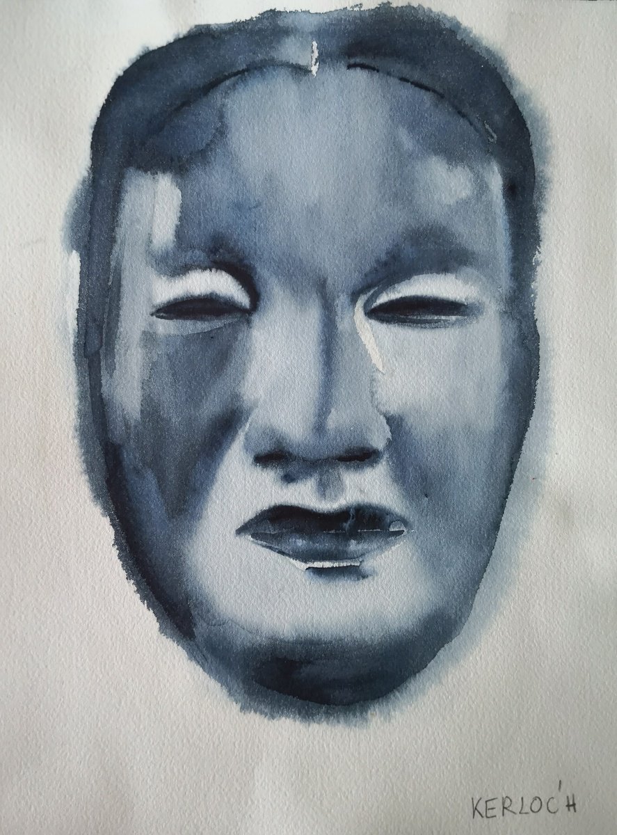 Expressive Portrait Watercolour By Anyck Alvarez Kerloch, 11 X 15, Noh Mask #1, Original Artwork