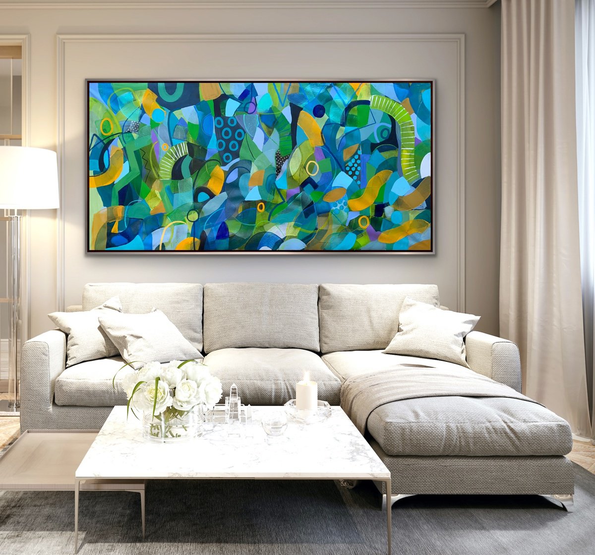 Organic Abstract Acrylic Painting By Rashna Hackett, 72 X 37", Towards The Sun, Original Artwork
