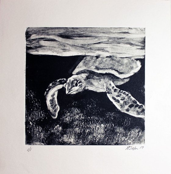 Sea Turtle Monoprint, Monotype Print