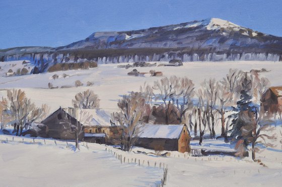 Snowy Farms at the Foot of Mount Alambre