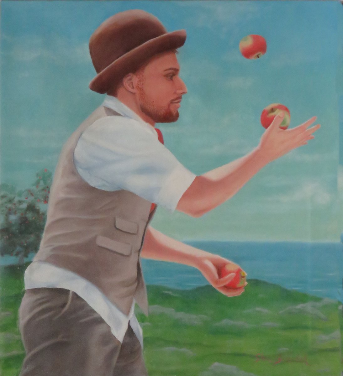 Photorealistic Portrait Oil Painting By Stephen Benedek, 18 X 20", A Juggler Found An Apple Tree, Original Artwork
