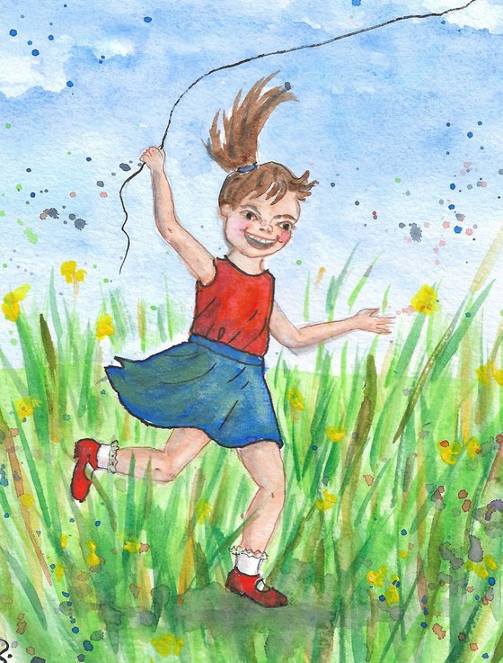 Little Girl Flying a Red Kite.