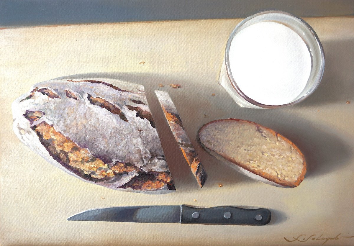 Photorealistic Still Life Oil Painting By Sergej Sologub, 22 X 15", Still Life With Bread, Original Artwork