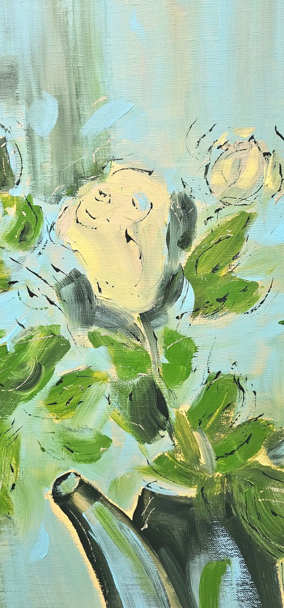 Yellow roses in a pot on blue