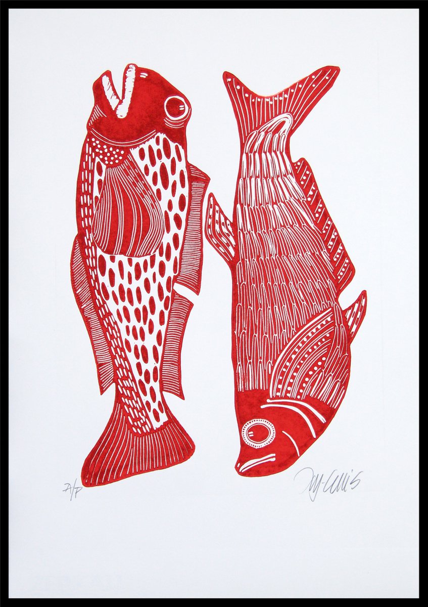 Illustrative Animal Linocut By Mariann Johansen-Ellis, 14 X 20", Big Boys, Original Artwork