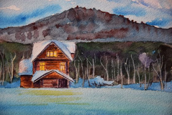 Winter watercolor painting Sunset snowy cabin house