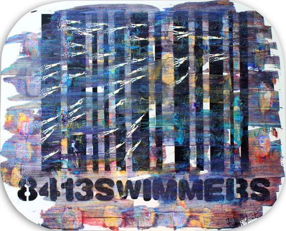 Swimmers 413 Swimmers over a Multicolor Bar Code sea Painting by Ruben Abstract