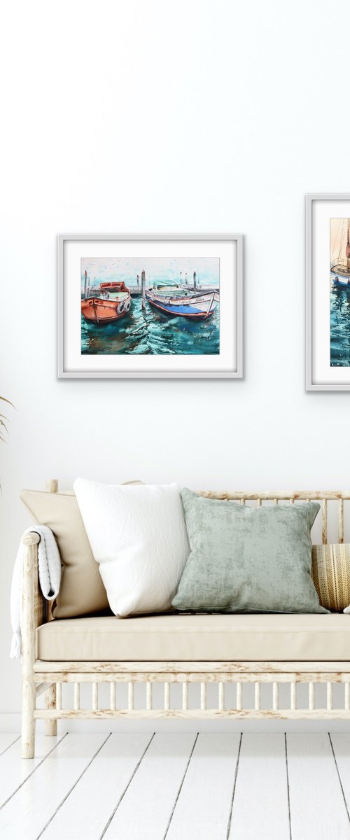 Set of two paintings. Reflections of yachts at sea. Original watercolor artworks. by Evgeniya Mokeeva