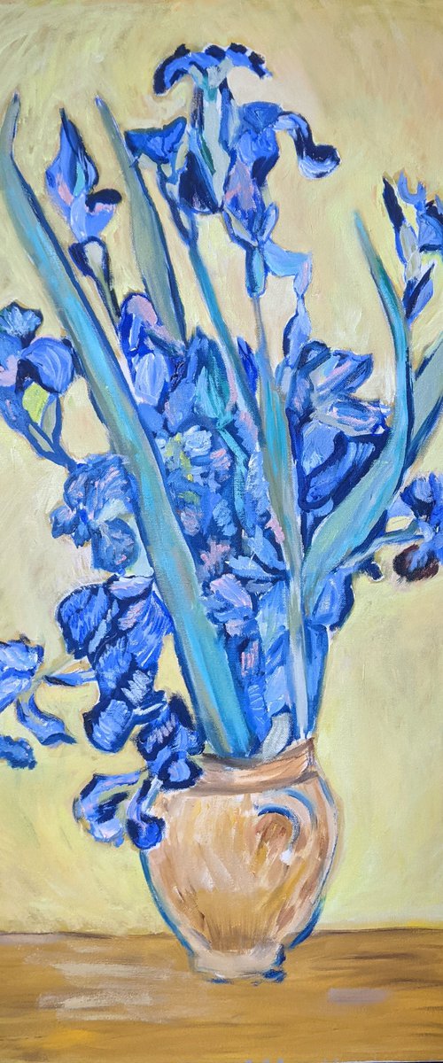 Irises in a Vase on yellow background inspired by Van Gogh by Anna Brazhnikova