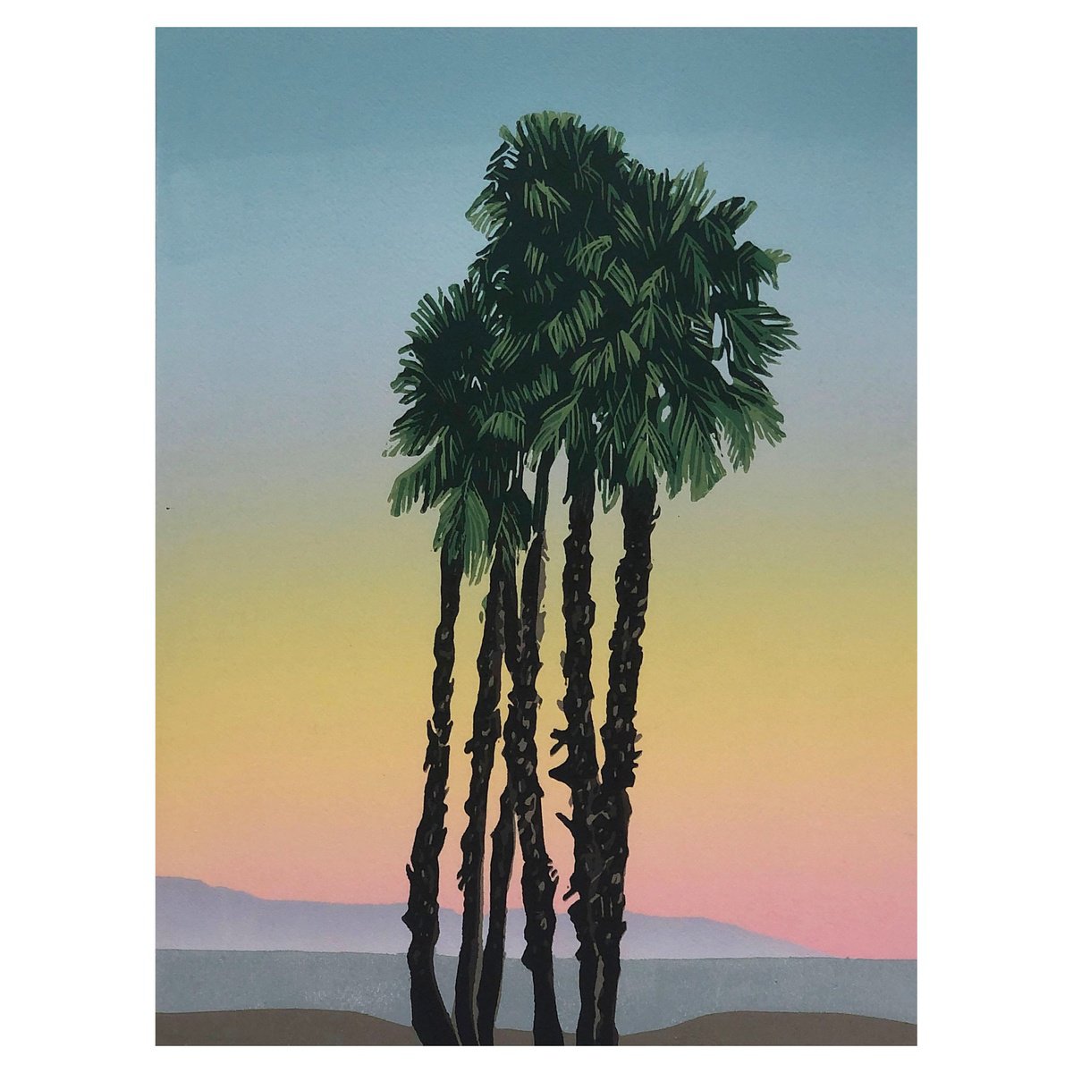 Impressionistic Botanical Linocut By Kirstie Dedman, 8 X 10", Palm Trees At Dusk, Original Artwork