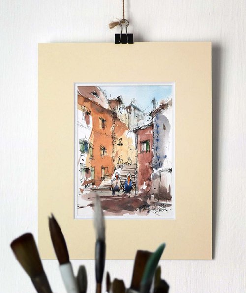 Cityscape, Urban Watercolor Painting of Sibiu. by Marin Victor