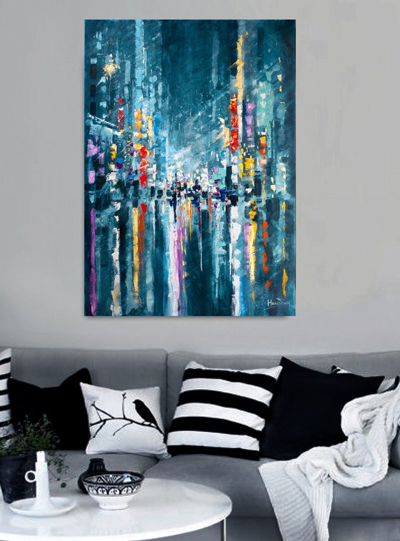 "Night city" Large painting 85x60 cm