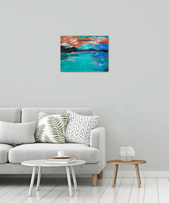 Sunset on the Lake - original acrylic painting, ready to show on your wall, stretched