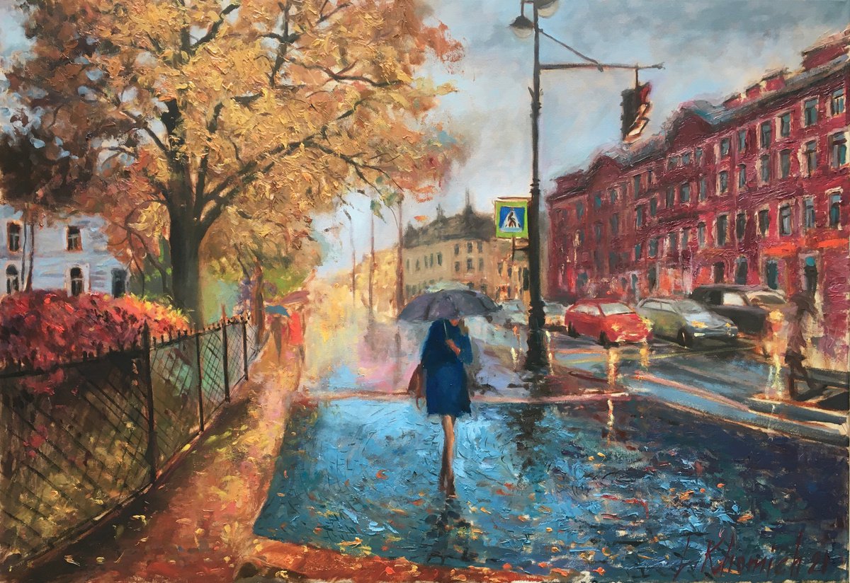 Evening at the rainy city, oil painting cityscape by Leo Khomich