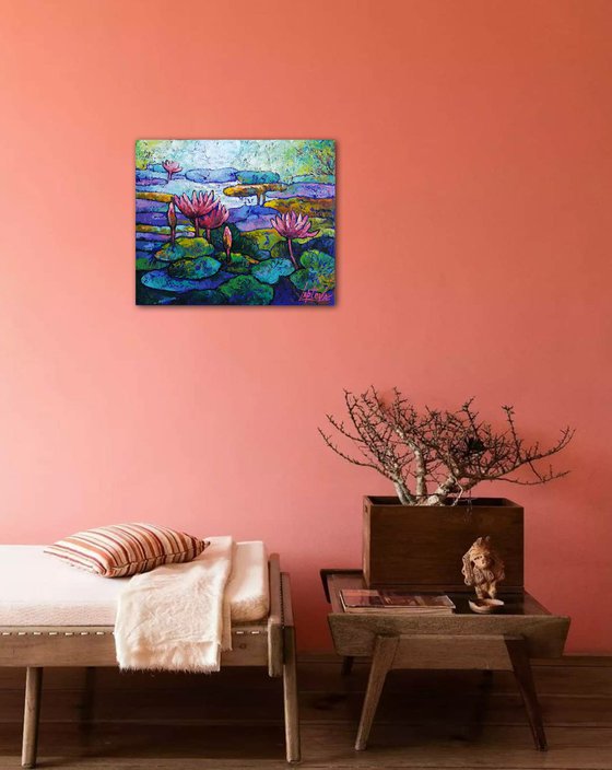 Painting Pink lilies in the pond, landscape