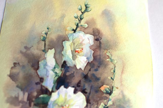 White Hollyhocks in watercolor, Small Wild flowers painting