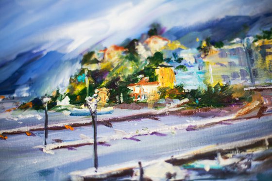 Ascona marina. Stormy weather in Swiss lake. Lago Magiore original oil painting switzerland seascape boats medium size blue landscape interior