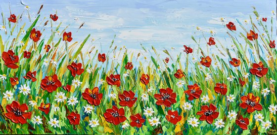 Poppies and Daisies - Wildflower Meadow Palette Knife Painting