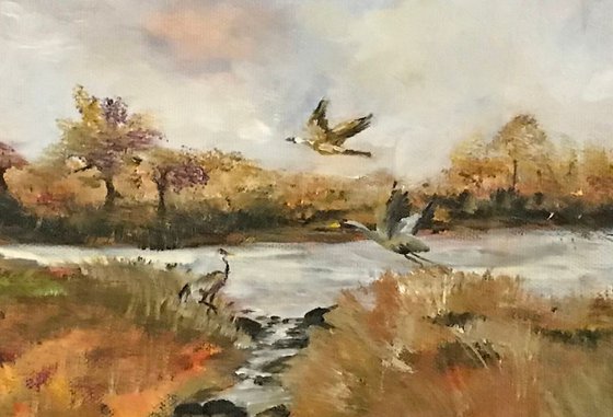 Cranes Migration resting on a peaceful meadow Original Oil Painting 12x16 fully framed