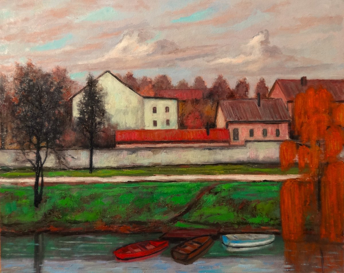Landscape Oil Painting By Massimiliano Ligabue, 20 X 16", Along The Canal, Original Artwork