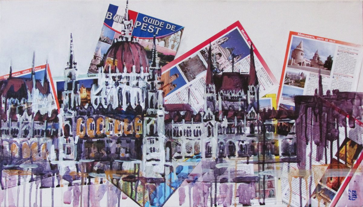 Illustrative Cityscapes Acrylic Painting By Kateryna Bortsova, 28 X 16", Budapest Landscape Painting, Original Artwork