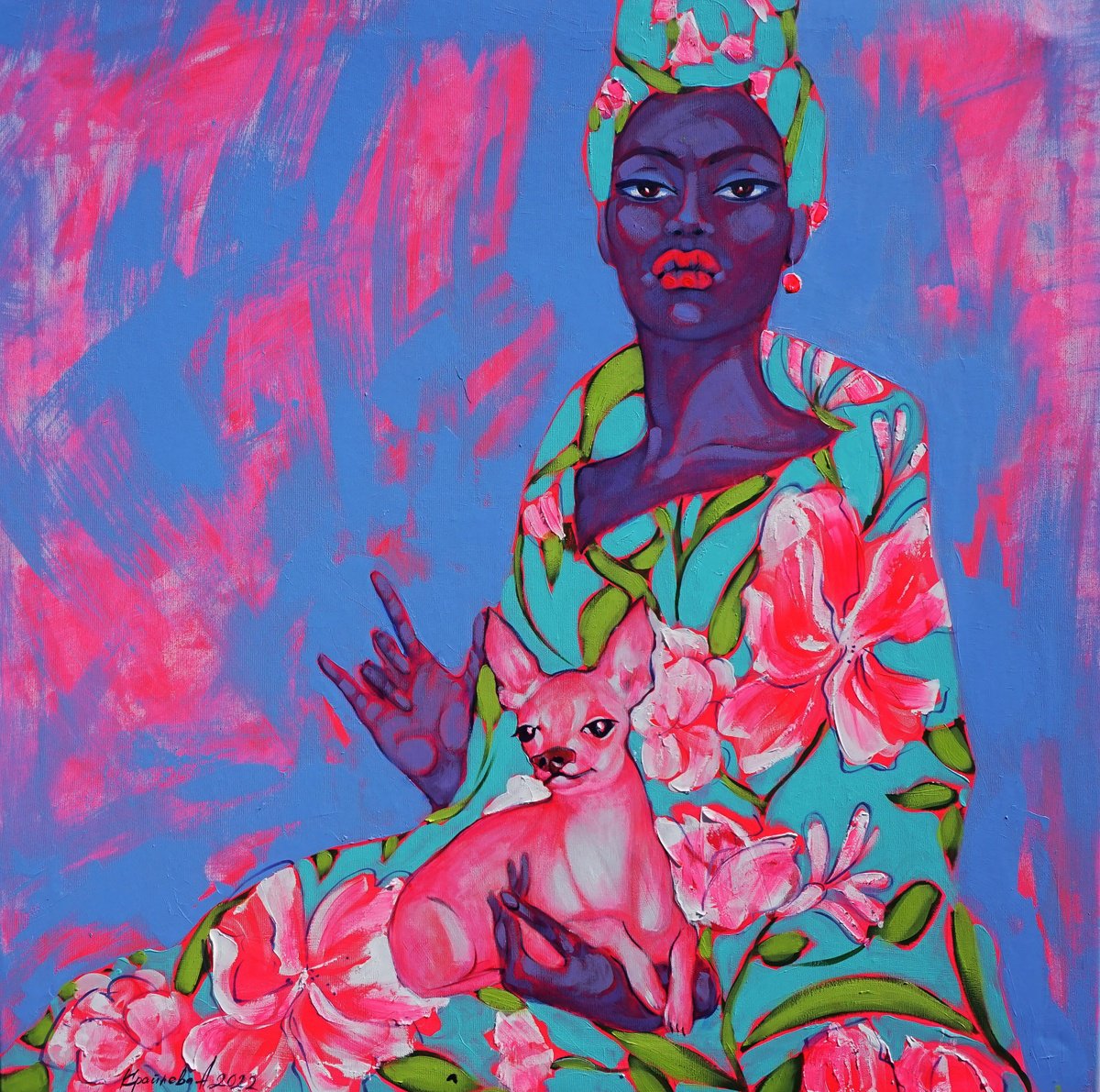 Impressionistic Portrait Oil Painting By Anastasiia Kraineva (Masniuk), 39 X 39, Pink Chihuahua, Original Artwork