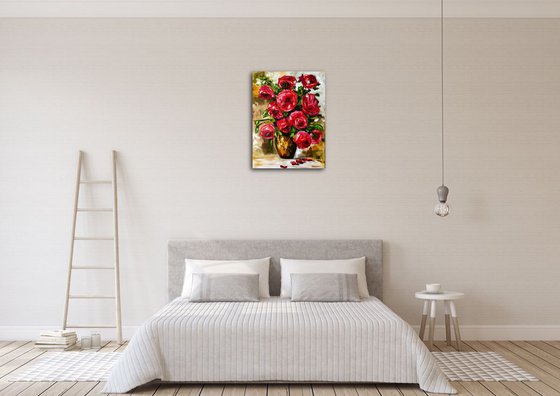 BOUQUET OF RED ROSES  palette knife modern red pink still life  flowers Dutch style office home decor gift