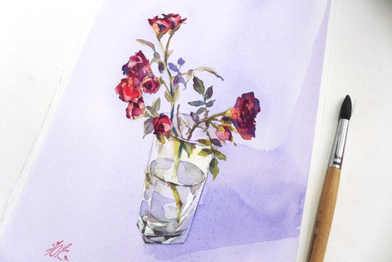 Little red roses in a glass, Watercolor painting
