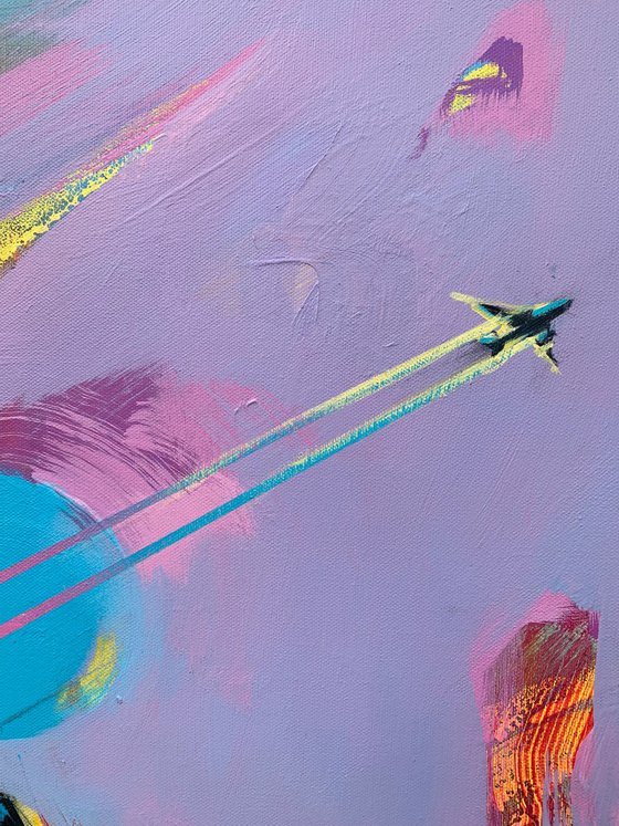 Pink artwork - "Flight to Los Angeles" - Pop Art - Violet painting - Palm - Street Art - Expressionism - Sunset