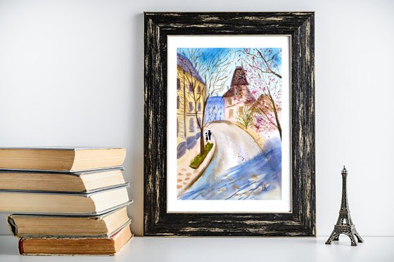 Paris Painting Cityscape Original Art Architecture Watercolor Painting Small Home Wall Art 8 by 12" by Halyna Kirichenko