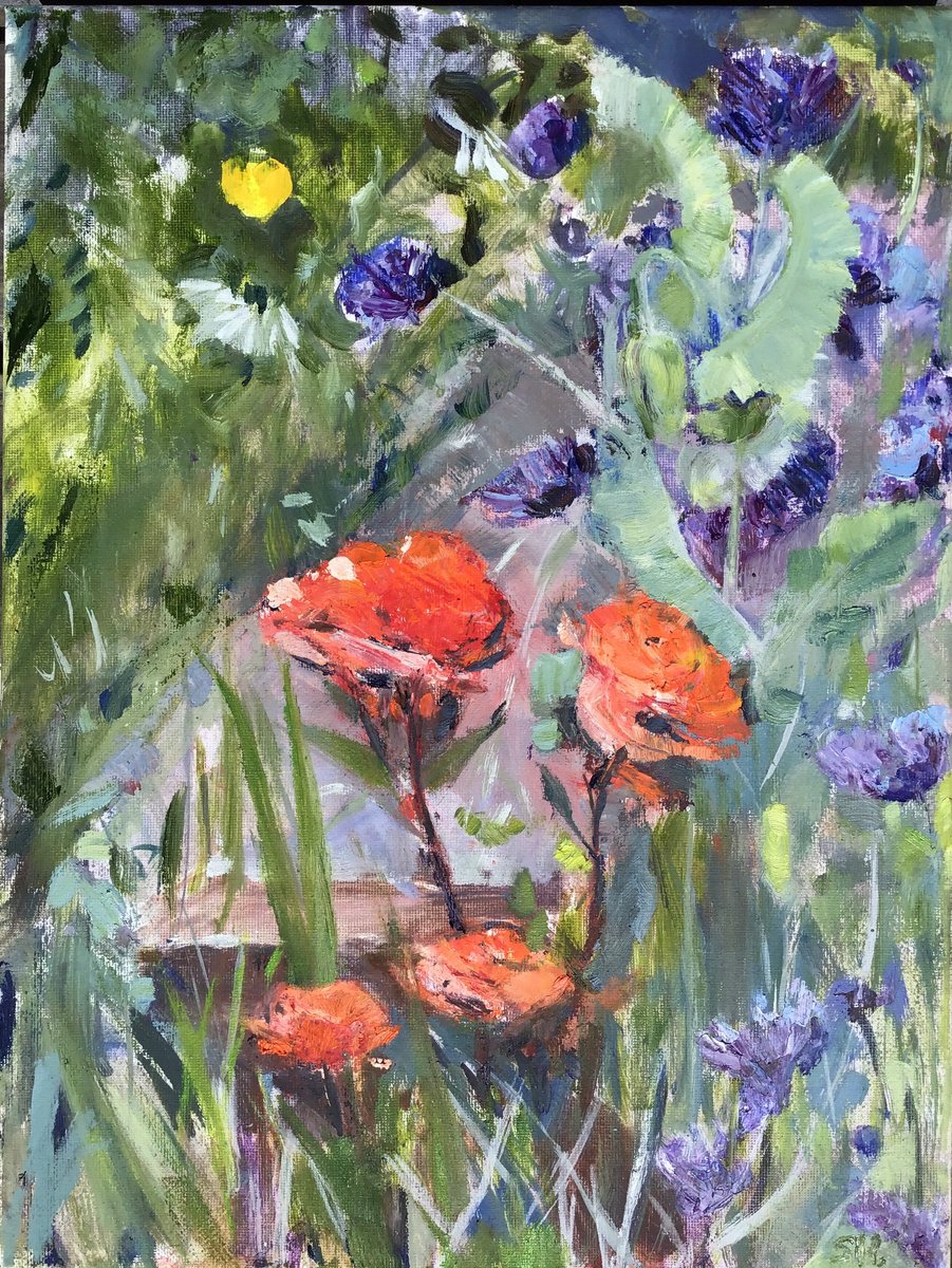 Expressive Botanical Oil Painting By Sandra Haney, 12 X 16", Roses, Cornflowers, Poppies, Original Artwork