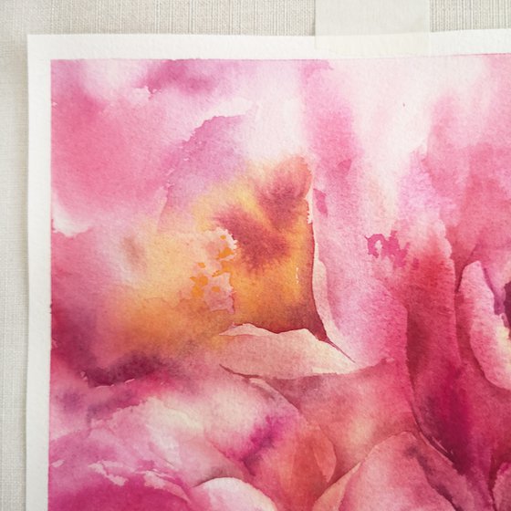 Pink peony bouquet, small watercolor painting