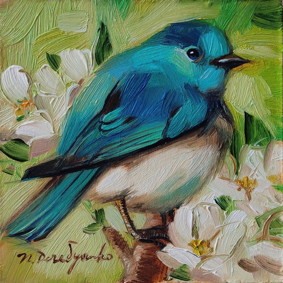 Blue bird miniature oil painting original 4x4 framed art, Bluebird wall wildlife art, Gift for sister for Easter