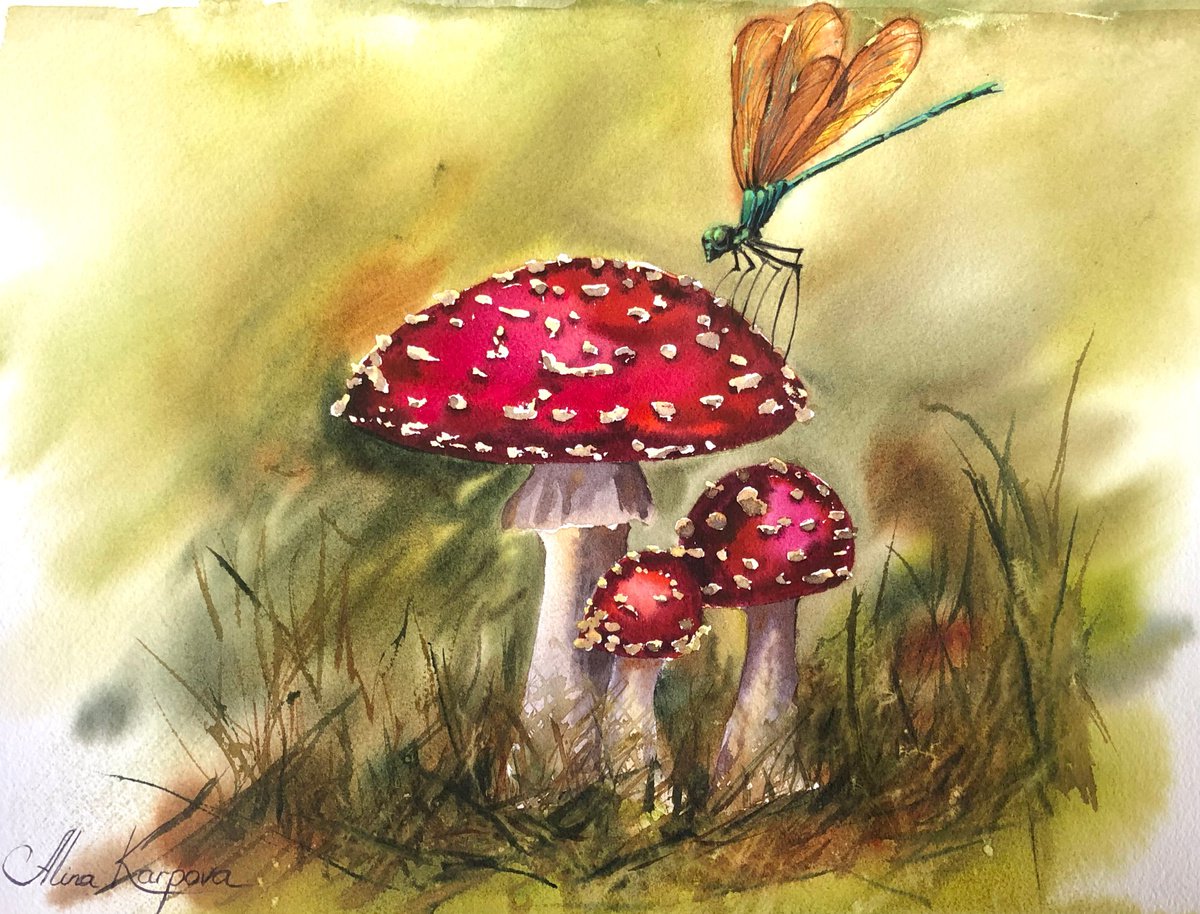 Mushrooms and dragonfly by Alina Karpova