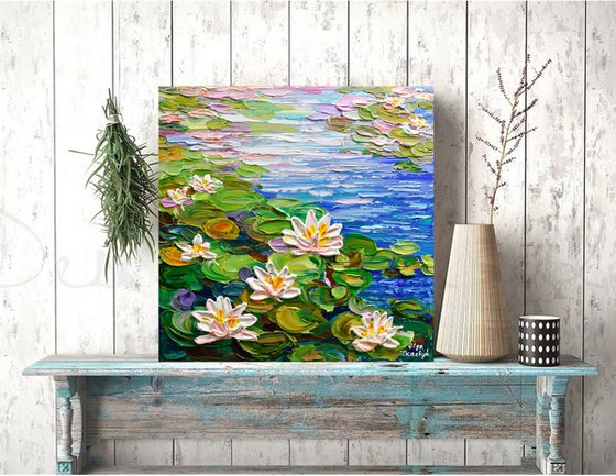 Water Lilies Pond II - Impasto Floral Art, Palette Knife Painting