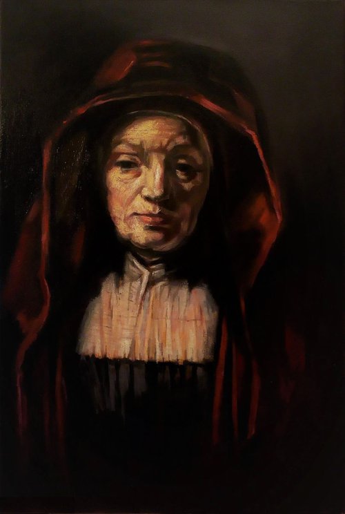 Old Woman inspired from Rembrandt Painting " Mother of Rembrandt " - Oil Painting 40 x 60cm by Reneta Isin