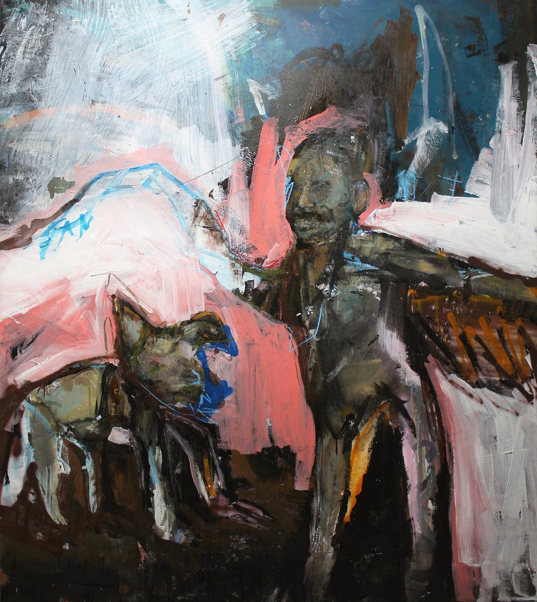 Expressive Portrait Oil Painting By Milos Hronec, 71 X 79", Interspecies Relationship, Original Artwork