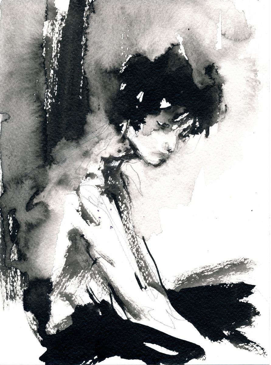 Expressive Portrait Ink Drawing By Doriana Popa, 7 X 9, Loneliness, Original Artwork